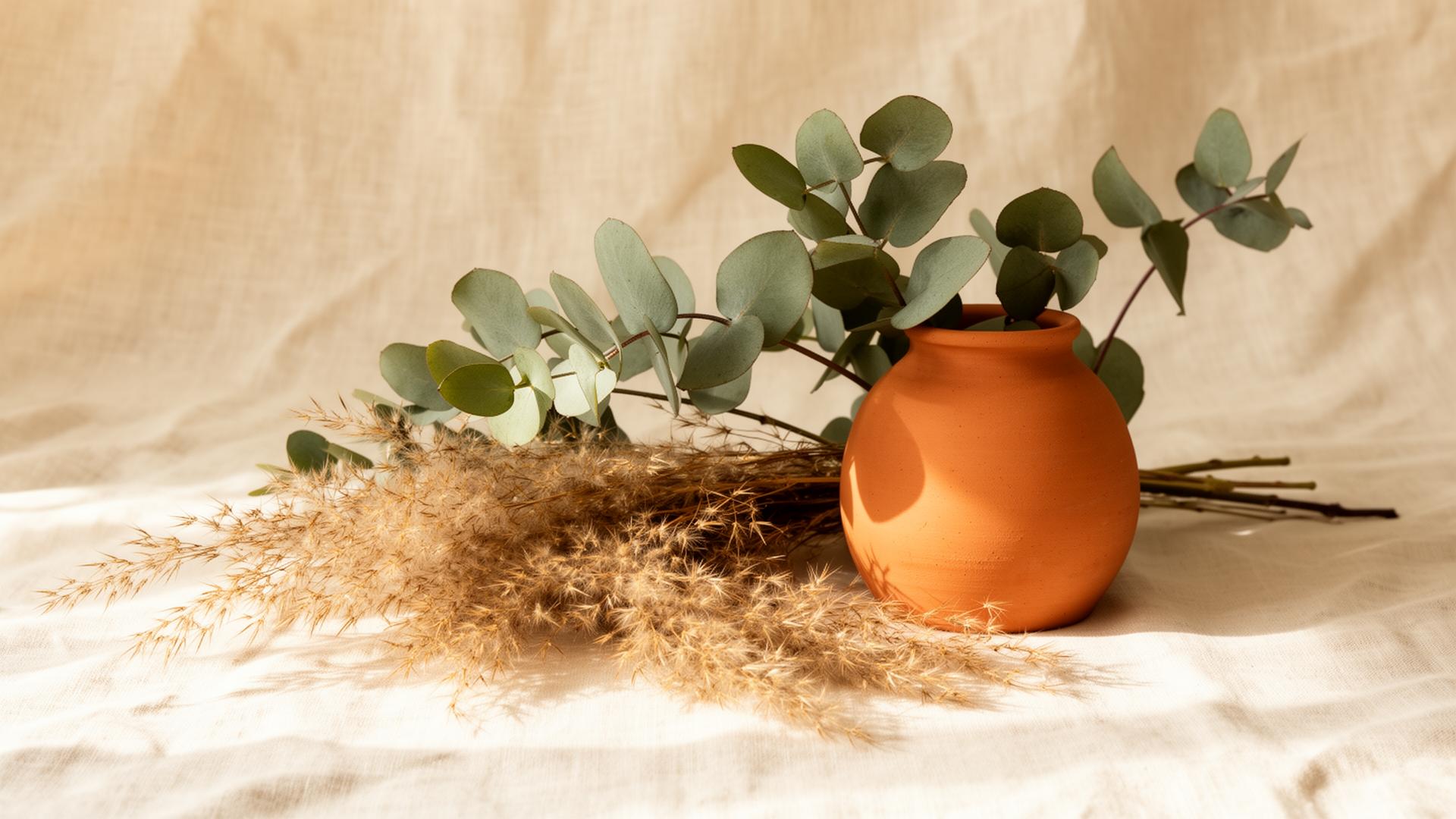 Eucalyptus branches and dried grasses in a terracotta vessel on warm linen